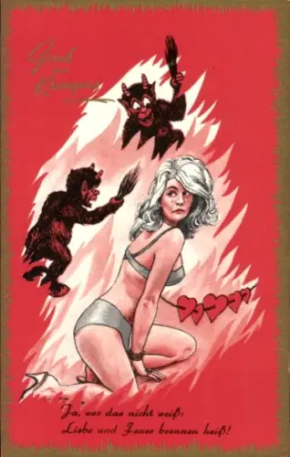 Ak Krampus, Teufel, Frau in Unterwäsche, Herzen