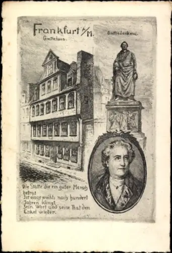 Ak Frankfurt am Main, Goethehaus, Statue von Goethe, 100 Jahre Einweihung, Gedicht