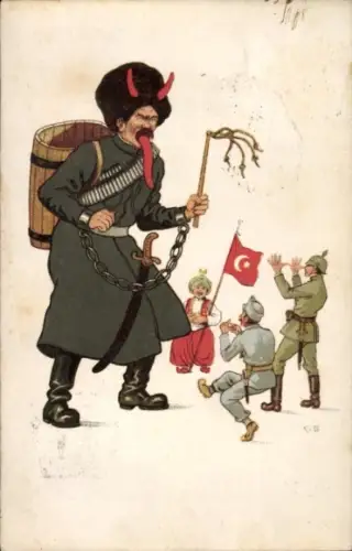 Künstler Ak Russischer Soldat als Krampus, deutscher, österreichischer und türkischer Soldat, 1. WK