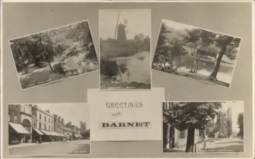 Ak Barnet London England, Straßenansicht, Park, Windmühle