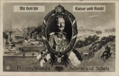 Passepartout Ak Kaiser Wilhelm II., Zeppelin, Deutsches Kriegsschiff, Deutschlands Schirm und Schutz