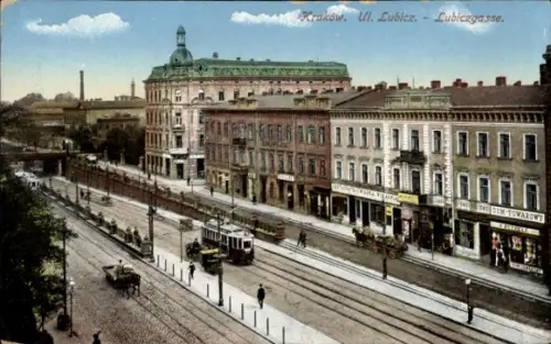 Ak Kraków Krakau Polen, Lubiczgasse, Straßenbahn Linie 3, Geschäfte