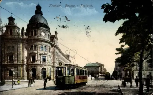 Ak Kraków Krakau Polen, Postamt, Straßenbahn Linie 3