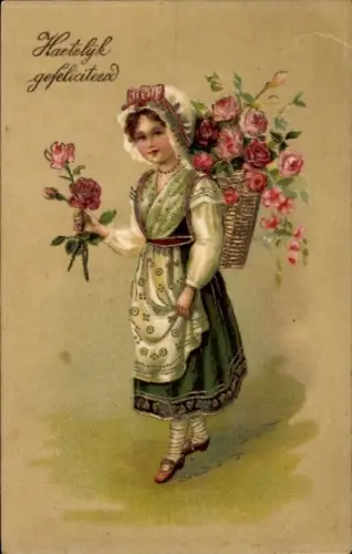 Präge Ak Glückwunsch, Mädchen, Weidenkorb mit Rosen