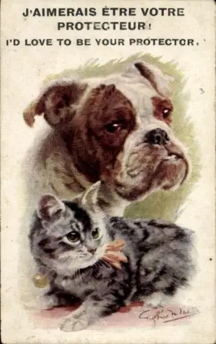 Künstler Ak Hund und kleine Katze