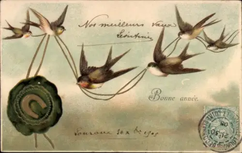 Ak Fröhliches Neujahr, Schwalben