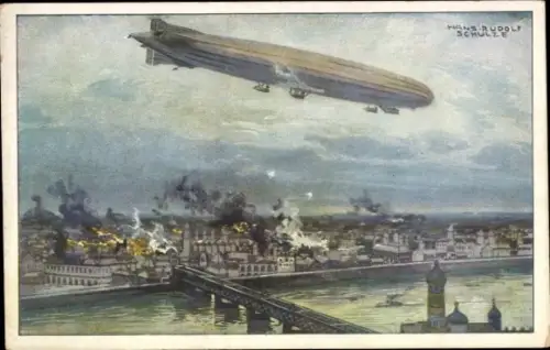 Künstler Ak Schulze, Hans Rudolf, Zeppelin, Luftschiff Schütte Lanz, Warschau bombardierend, I. WK