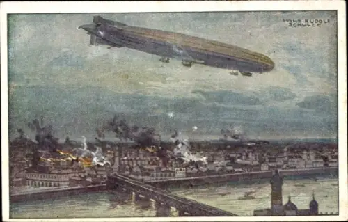 Künstler Ak Schulze, Hans Rudolf, Zeppelin, Luftschiff Schütte Lanz, Warschau bombardierend, I. WK