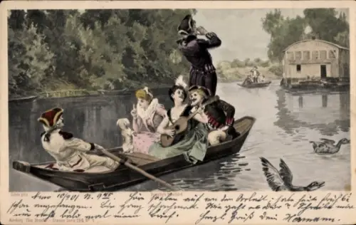 Litho Gruppe in historischen Kostümen, in einem Ruderboot
