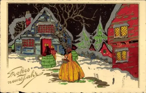 Künstler Ak Glückwunsch Neujahr, Dorfidyll, elegante Frauen