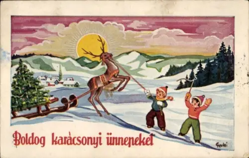 Künstler Ak Frohe Weihnachten, Tannenbaum, Kinder, Rentier, Schlitten