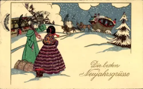 Künstler Ak Glückwunsch Neujahr, elegantes Paar, Kutsche
