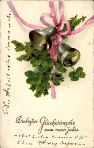 Ak Glückwunsch Neujahr, Kleeblatt, Glocken