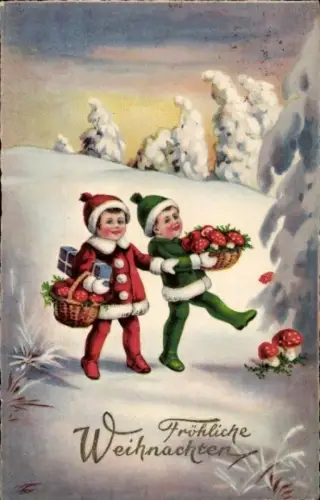 Ak Glückwunsch Neujahr, Kinder mit Geschenk und Fliegenpilzen