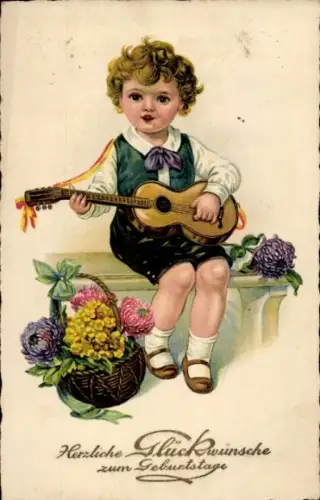 Ak Glückwunsch Geburtstag, Blumen, Knabe mit Gitarre