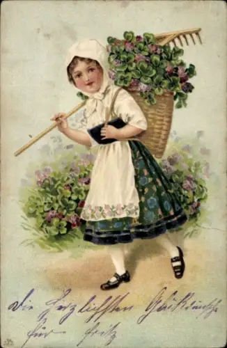 Präge Litho Mädchen in Tracht, Glücksklee