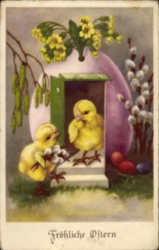 Ak Glückwunsch Ostern, Küken, Ostereier, Weidenkätzchen