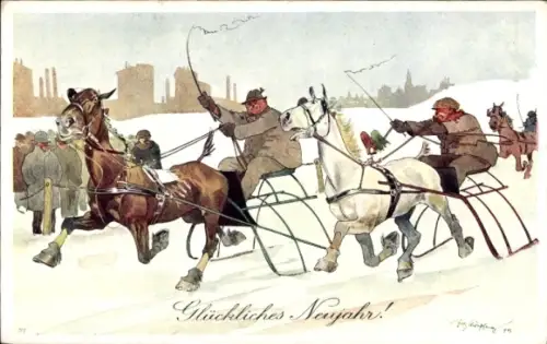 Künstler Ak Schönpflug, Fritz, Glückwunsch Neujahr, Pferderennen im Winter