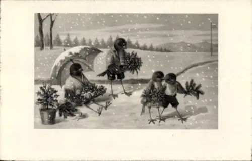 Künstler Ak Vermenschlichte Vögel, Verkaufsstand, Mistelzweige, BKWI 3345-3