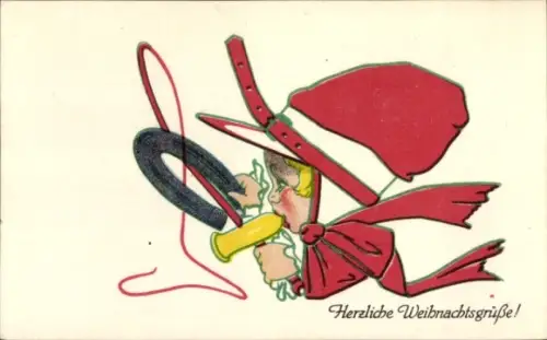 Künstler Ak Frohe Weihnachten, Kind mit Tröte, Hufeisen, Reitpeitsche, BKWI 3042-2