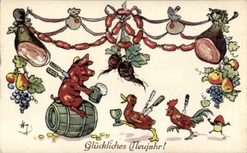 Künstler Ak Fröhliches Neujahr, Schlaraffenland, gebratenes Schwein, Essen, BKWI 3047-4