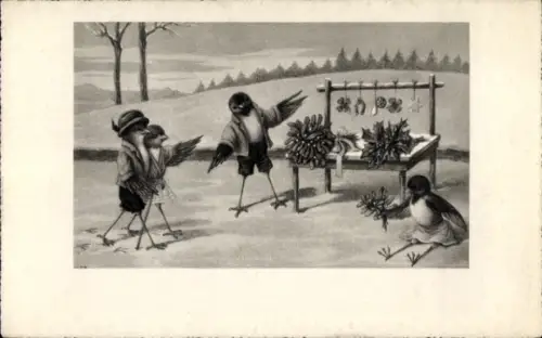 Künstler Ak Vermenschlichte Vögel, Verkaufsstand, Mistelzweige, Stechpalme, BKWI 3345-1