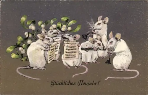 Ak Fröhliches Neujahr, musizierende und singende Mäuse, Mistelzweig