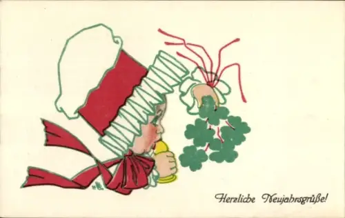 Künstler Ak Fröhliches Neujahr, Kind mit Kleeblättern, B. K. W. I. 3042-1