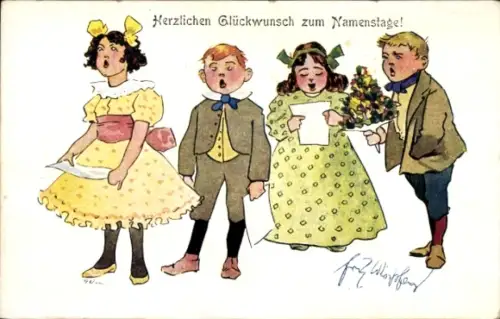 Künstler Ak Schönpflug, Fritz, Glückwunsch zum Namenstag, singende Kinder, Gratulanten