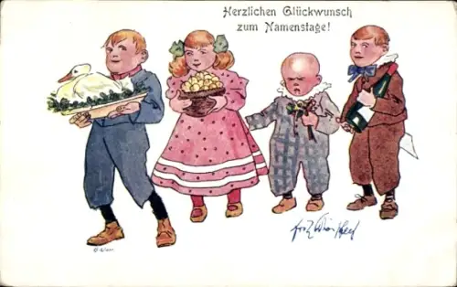 Künstler Ak Schönpflug, Fritz, Glückwunsch zum Namenstag, Kinder mit Geschenken