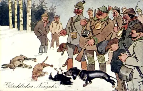 Künstler Ak Schönpflug, Fritz, Fröhliches Neujahr, Jagdgesellschaft, Jäger, Dackel