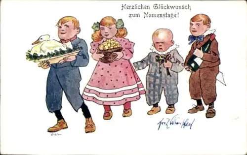 Künstler Ak Schönpflug, Glückwunsch zum Namenstag, Kinder, Geschenke, Sektflasche