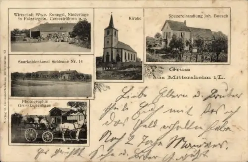 Ak Mittersheim Lothringen Moselle, Kirche, Saarkohlenkanal Schleuse 14, Gasthof Bousch