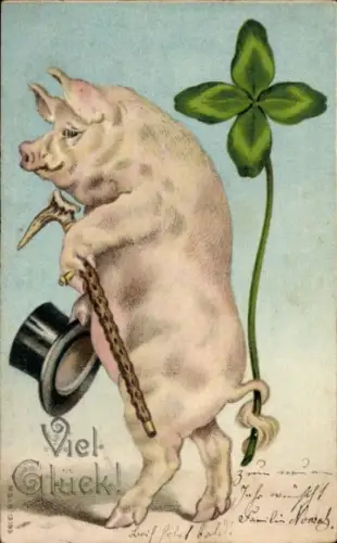 Litho Viel Glück, Schwein mit Spazierstock und Zylinder, Kleeblatt