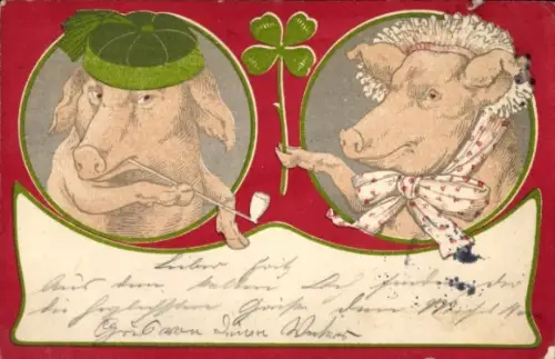 Litho Vermenschlichte Schweine, Pfeife, Kleeblatt