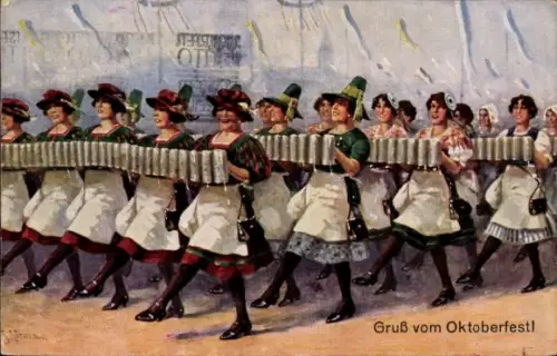 Künstler Ak Oktoberfest, Bedienungen mit Maßkrügen im Marsch