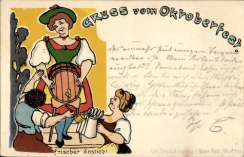 Künstler Ak Oktoberfest, frischer Anstich, Wirtin in Tracht