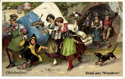 Künstler Ak Marsch, Frauen mit essen, Oktoberfest