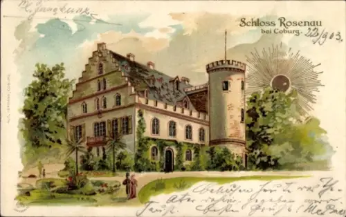 Sonnenschein Litho Rödenthal im Kreis Coburg Oberfranken, Schloss Rosenau