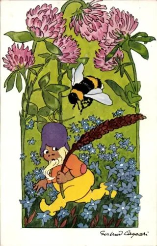 Künstler Ak Zwerg flieht vor Hummel, Blumen