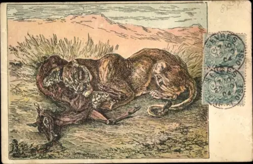 Künstler Ak Tiger mit Beute, Antilope, Raubtier