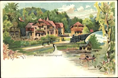Litho Kötzschenbroda Radebeul in Sachsen, Meierei im Lößnitzgrund, Eisenbahn, Ruderer