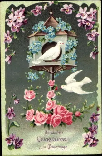 Ak Glückwunsch Geburtstag, Tauben, Rosen, Veilchen, Vergissmeinnicht