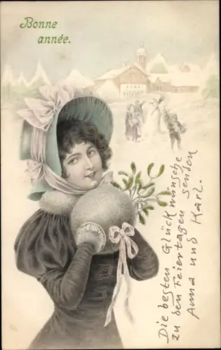 Ak Glückwunsch Neujahr, Frau mit Muff und Mistelzweigen