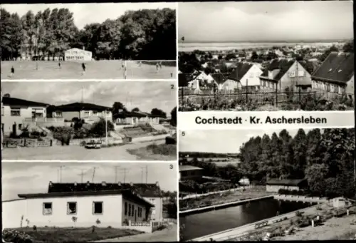 Ak Cochstedt Hecklingen im Salzlandkreis, Sportplatz, Eigenheime, Kaufhalle, Freibad