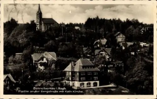 Ak Szklarska Poręba Schreiberhau Riesengebirge Schlesien, Bergstraße, Kath. Kirche