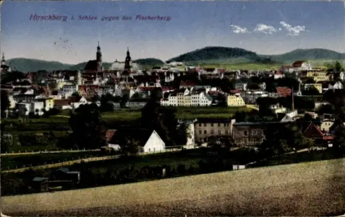Ak Jelenia Góra Hirschberg Riesengebirge Schlesien, Panorama gegen den Fischerberg