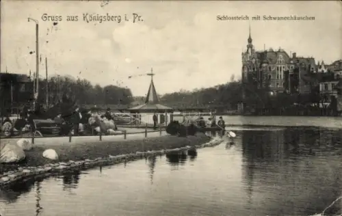 Ak Kaliningrad Königsberg Ostpreußen, Schlossteich mit Schwanenhäuschen