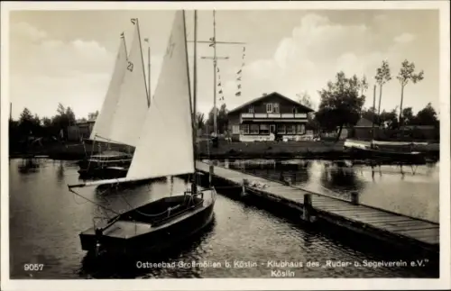 Ak Mielno Großmöllen Pommern, Klubhaus des Ruder und Segelverein eV, Segelboote
