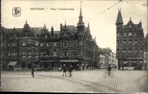 Ak Oostende Ostende Westflandern, Platz Vandersweep,  Gebäude, Straßenszenen, Radfahrer